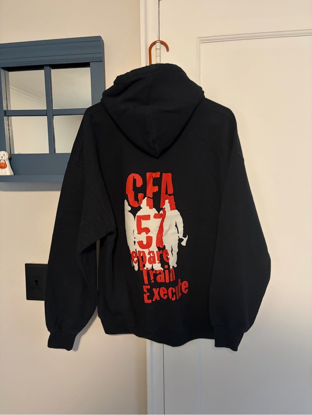 Black Graphic Hooded Sweatshirt with Red & White Print Fire and Rescue logo